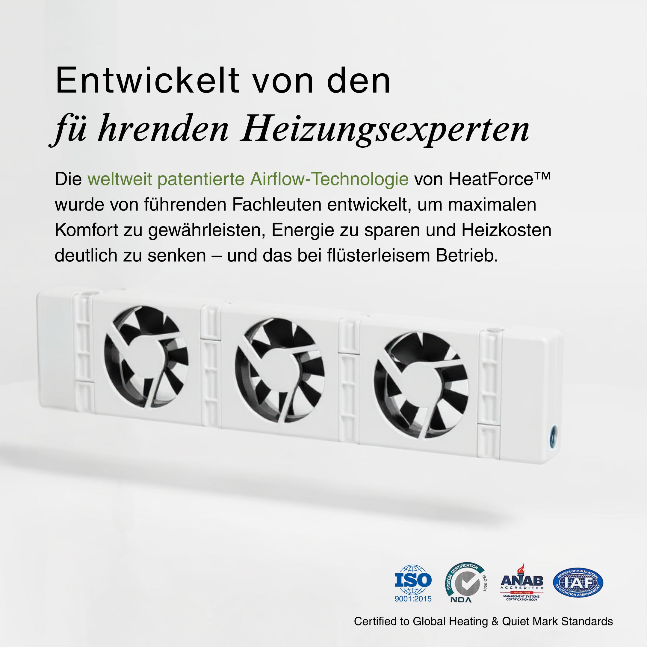 Radiator fan with text about HeatForce technology on a white background